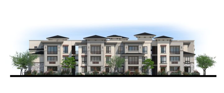 Rendered elevation for the San Artes Apartments by Mark-Taylor Residential, located in Scottsdale, Arizona.