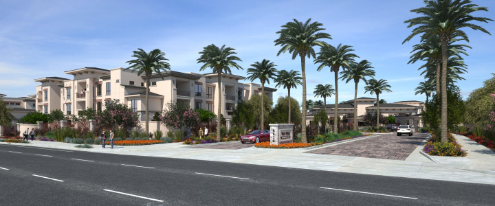Main entry perspective rendering at San Artes luxury apartments. Project by Mark-Taylor Residential.