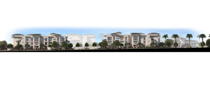 Rendered streetscape elevation for the San Artes Apartments by Mark-Taylor Residential, located in Scottsdale, Arizona.