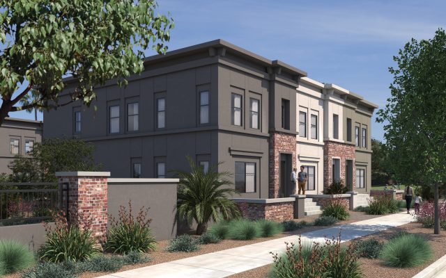 Rendering of a smaller Brownstone building at the Alta San Marcos apartments. Designed by Biltform Architecture. Project by Wood Partners.