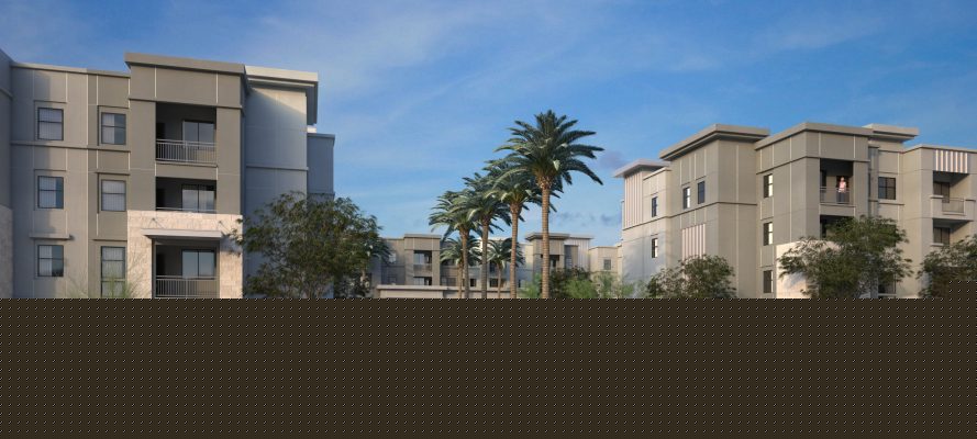 Alternate design of Alta San Marcos apartments. Main entrance perspective rendering.
