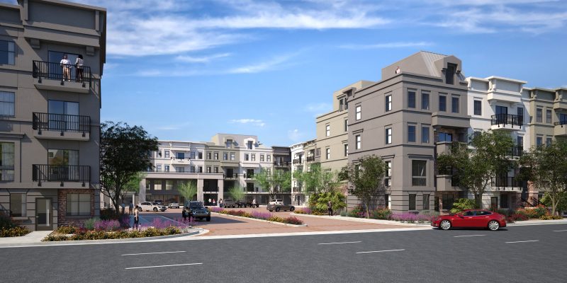 Main entry rendering of the Alta San Marcos apartments. Designed by Biltform Architecture. Project by Wood Partners.