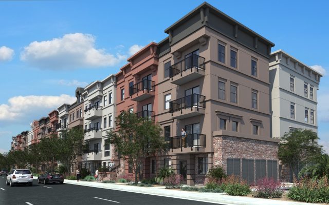 Streetscape rendering of the Alta San Marcos apartments. Designed by Biltform Architecture. Project by Wood Partners.