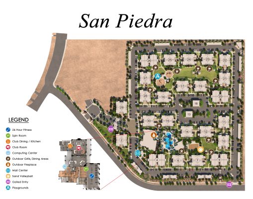 Rendered Community / Amenity Map for San Piedra luxury apartments, by Mark-Taylor Residential.