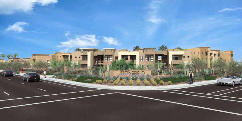 Stonefield Apartments corner perspective rendering. Design by Whitneybell Perry Architecture.