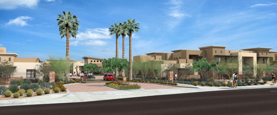 Stonefield Apartments entry perspective rendering.