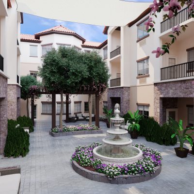Courtyard interior rendering at the Surprise apartments.