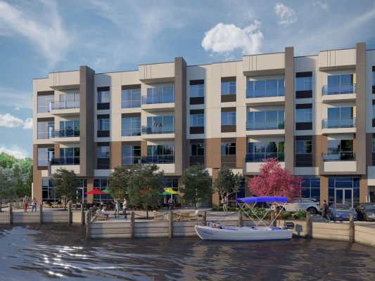 Perspective rendering of the Lakeshore luxury apartments in Tempe, AZ. Designed by Biltform Architecture.