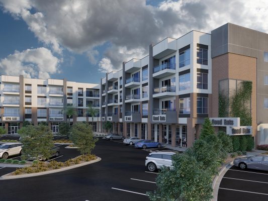 Perspective rendering of the Lakeshore luxury apartments in Tempe, AZ. Designed by Biltform Architecture.
