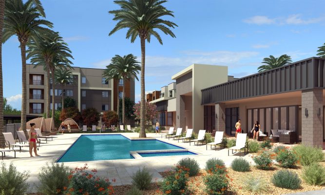 Pool and Patio rendering at the Millennium apartments in Tempe, Arizona. Designed by Biltform.