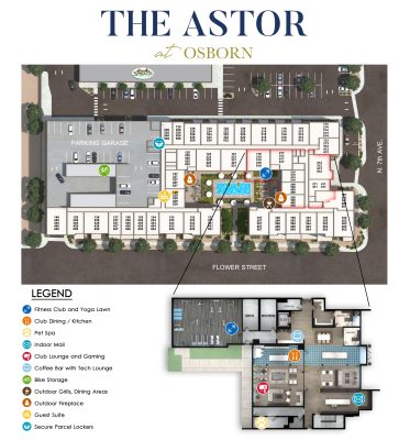 Rendered Community / Amenity Map for The Astor at Osborn apartments in Phoenix, AZ. Project by Trammell Crow.