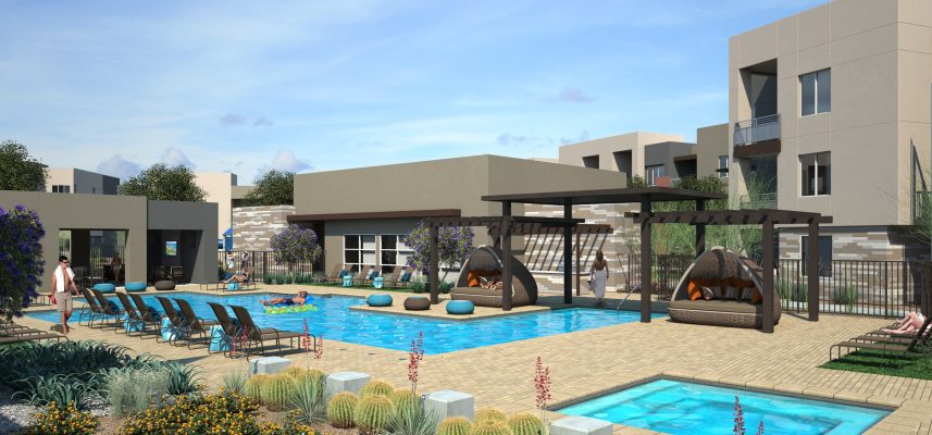 Velaire Luxury Apartments, pool and patio perspective rendering.