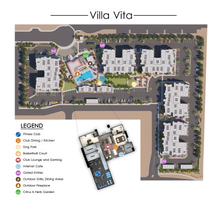 Rendered Community / Amenity Map for the Villa Vita apartments by Mark-Taylor Residential.