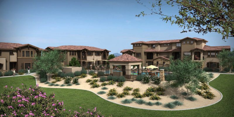 Courtyard, pool, and patio rendering. Apartments designed by Whitneybell Perry Architecture.
